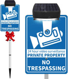 Solar No Trespassing Sign For Private Property, Video Surveillance Street Sign, Security Yard Signs metal, Aluminum Home Security Sign with Stakes, Camera, Beware, 10x7 Inch"