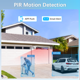 Motion detection triggers alarms and sends phone notifications.