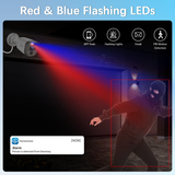 Flashes red and blue lights when motion is detected day or night.